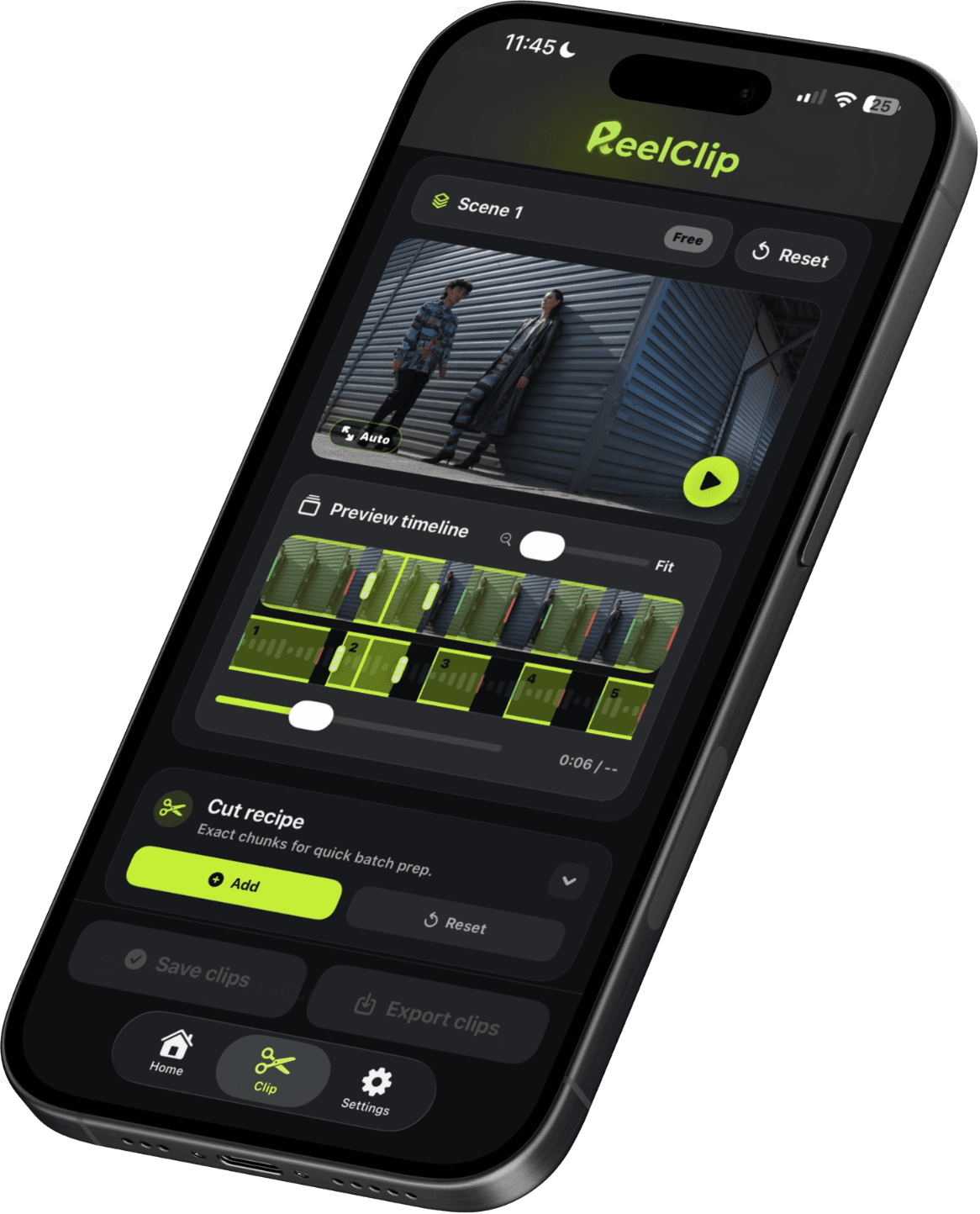 ReelClip editor showing a scene preview and planned clips timeline