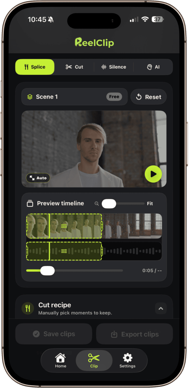 ReelClip timeline with scene controls and a clip preview