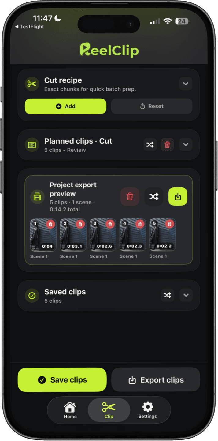 ReelClip showing a planned set of clips ready to save or export